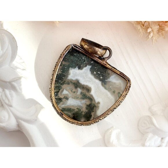 Moss Agate Geometric Gold Tint Gemstone Sterling Silver 925 Vintage Pendant - Picture 3 of 10
